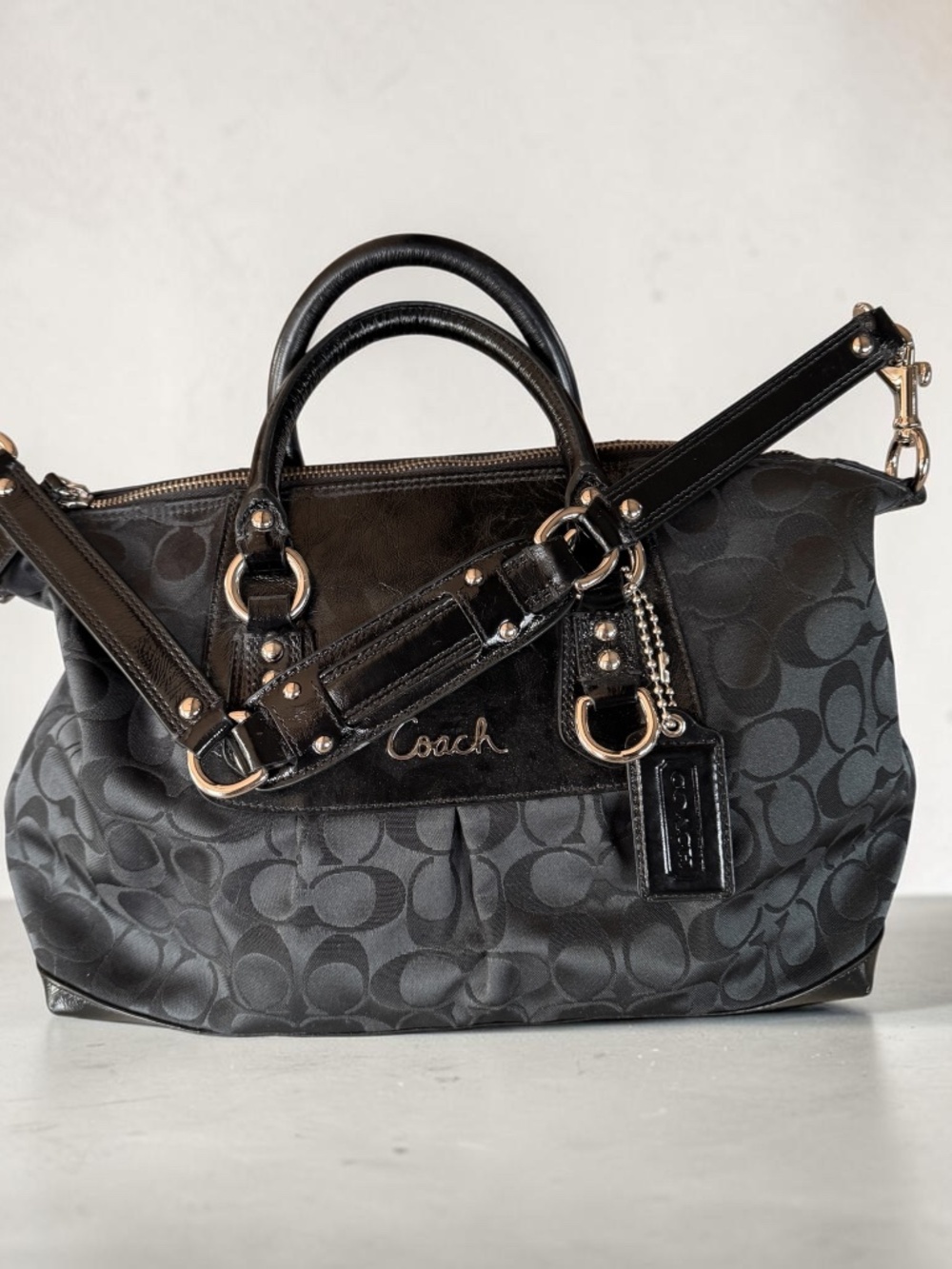 Coach F15443 Black Signature Jacquard Patent Leather Satchel Crossbody Bag
